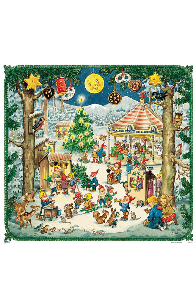 Vintage-style Christmas scene with children, animals, and a carousel on a white background