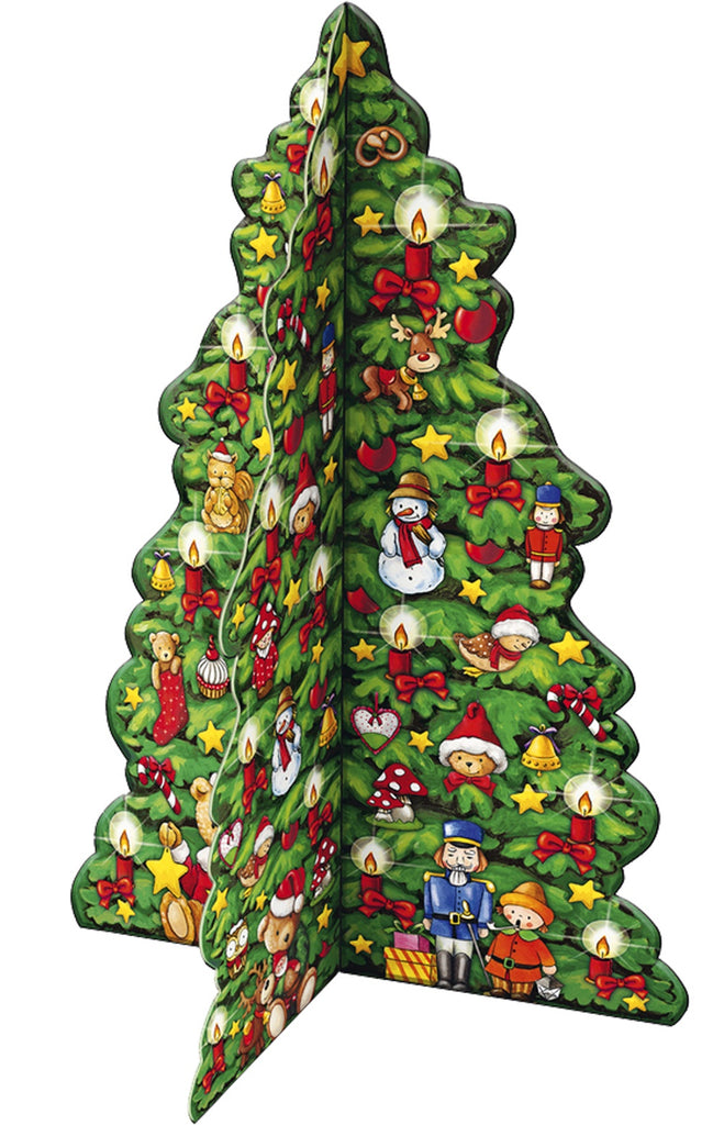 Decorative Christmas tree with cartoon characters and ornaments.