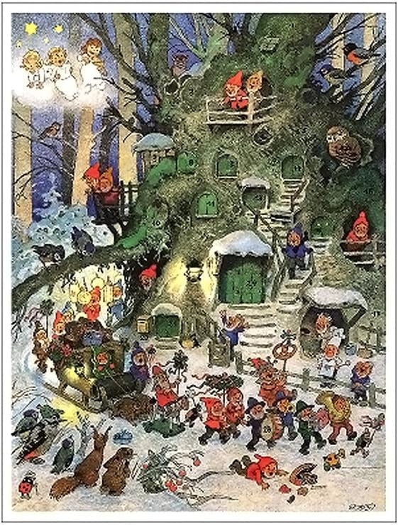 Illustration of a snowy village scene with gnomes and elves.